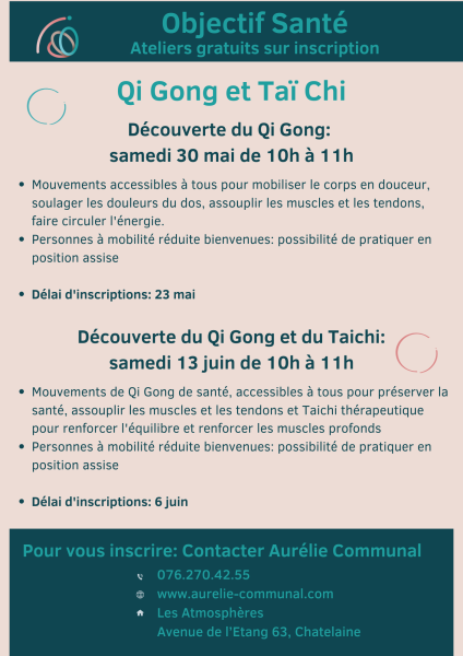 descriptifs des ateliers de Qi Gong et Taichi gratuits mai et juin 2026